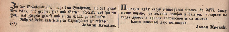 Продајни оглас Јоце Крстића у листу Gross-Becskereker Wochenblatt из 1870. године